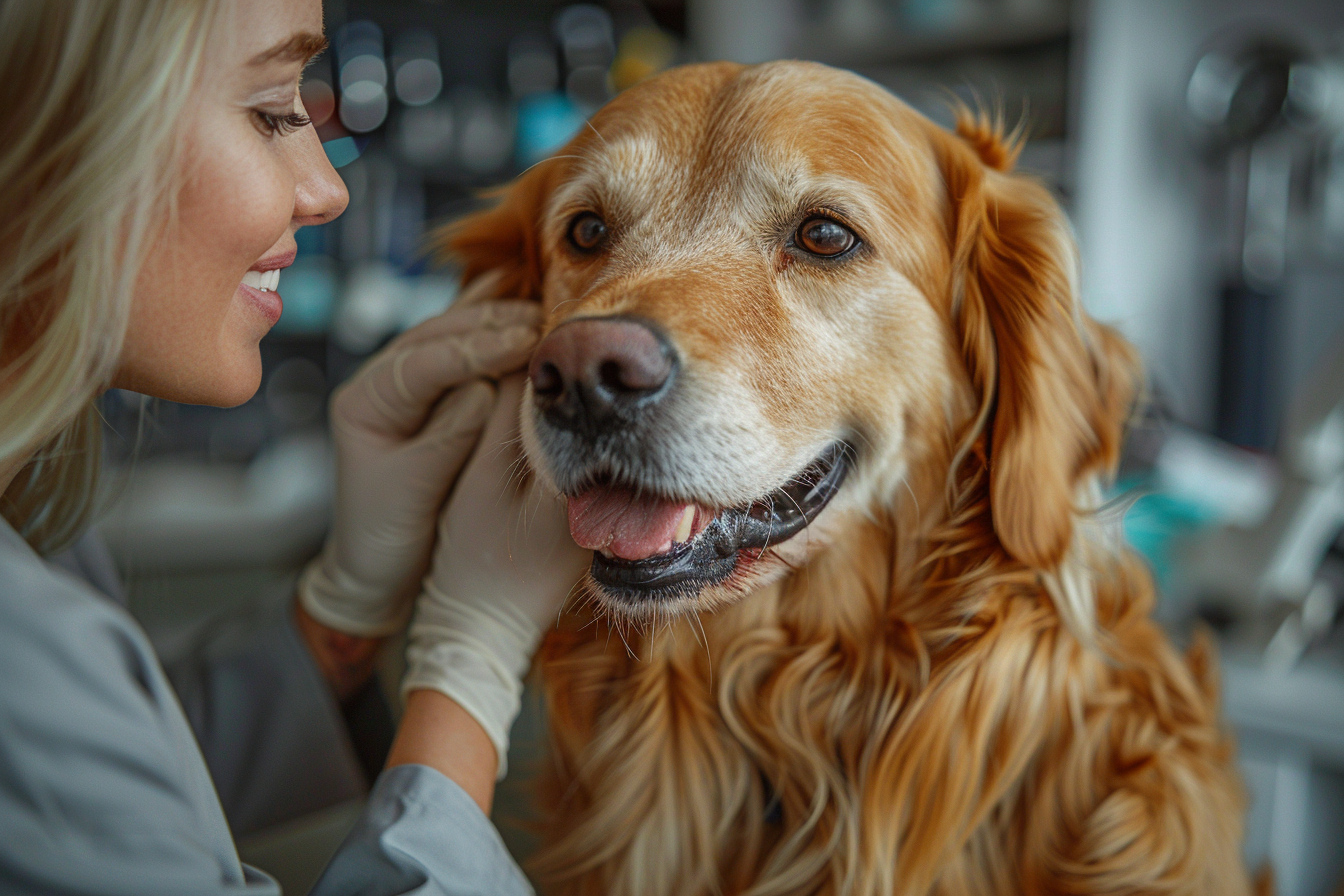 A retriever dog receiving grooming and ear cleaning for optimal ear care and health